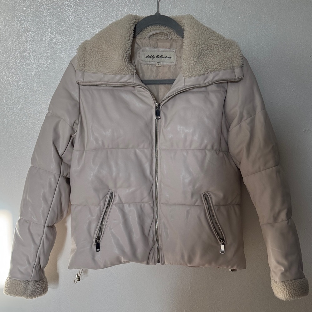 Cream Faux Leather/Sherpa Puffer Jacket